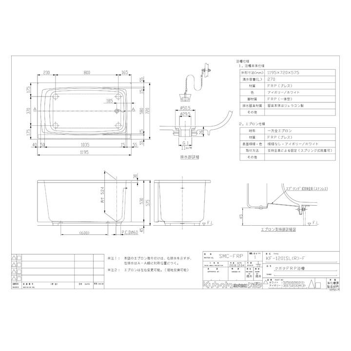 [KF-1201S-F]　クボタ  FRP浴槽 全エプロン着脱式 タイプ：1200 1方全｜reform-peace｜03