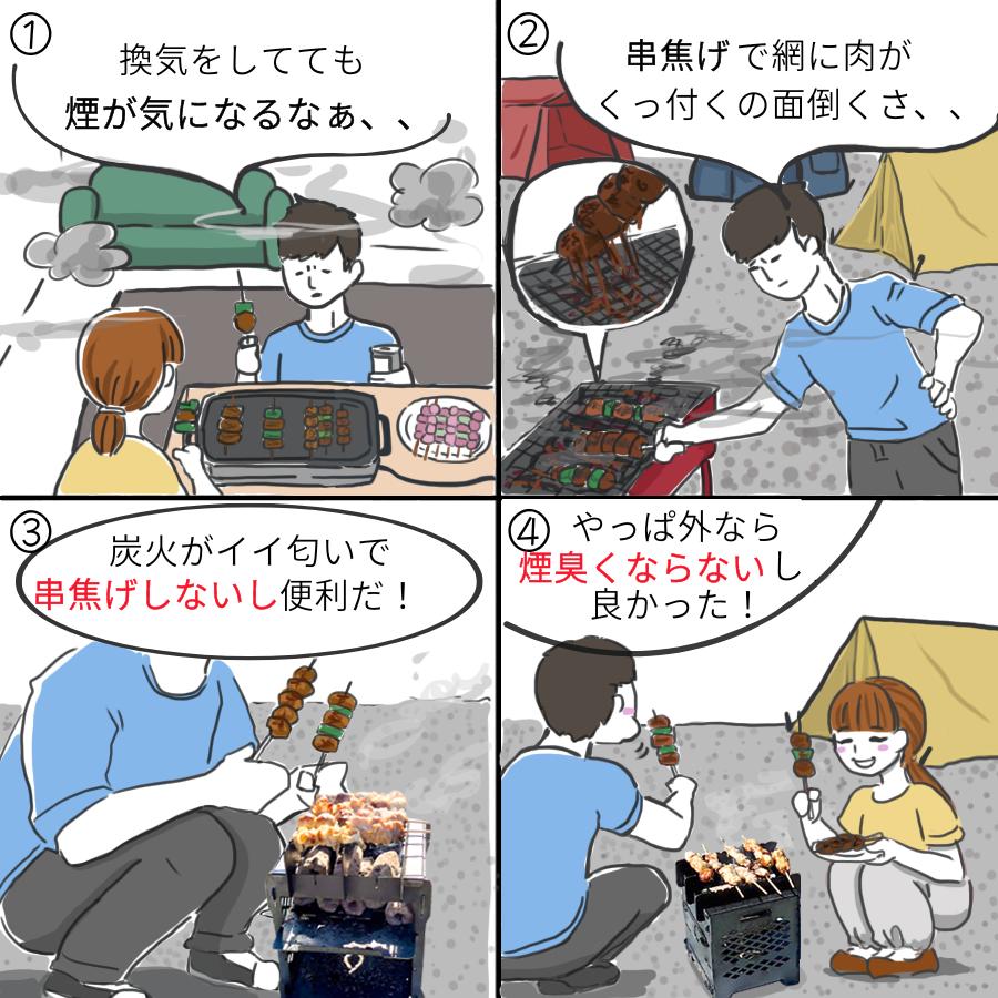 小人数用焚き火台 コンパクト 小型 BBQコンロ BBQグリル グリル付たき火台 薪ストーブ 串焼き器 焼き鳥器 収納袋付 オガ炭向き 冬キャンプ 野営キャンプ |  | 01