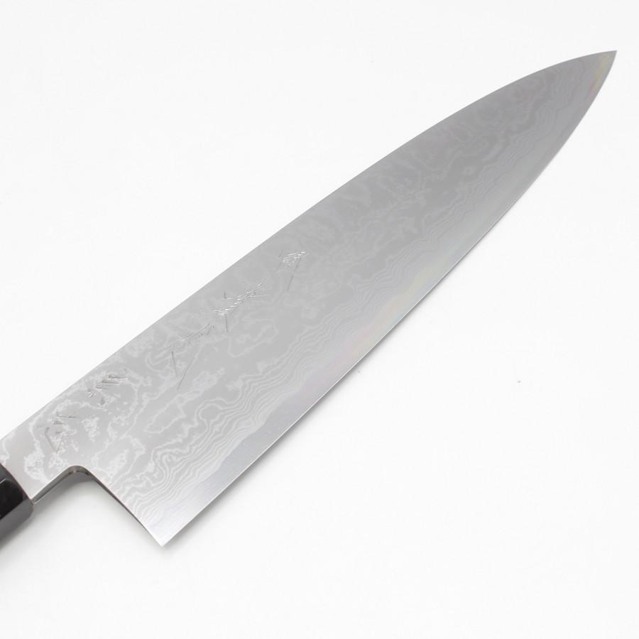 【未使用】堺實光 別誂 青鋼ダマスカス 牛刀 七寸 銀巻黒檀柄 刃渡り約210mm 和牛刀 包丁 |  | 01