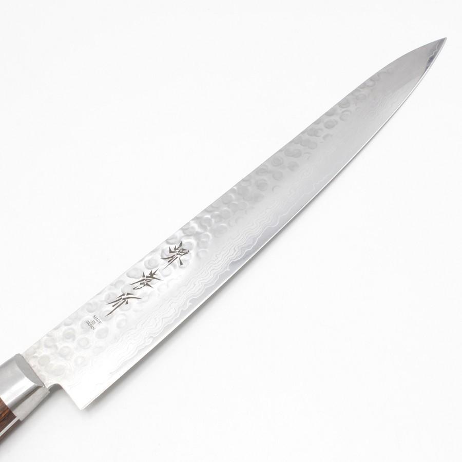 【美品】堺孝行 V金10号 17層ダマスカス鋼 筋引包丁 八寸 槌目 鍔付柄 刃渡り約240mm 洋包丁 |  | 01