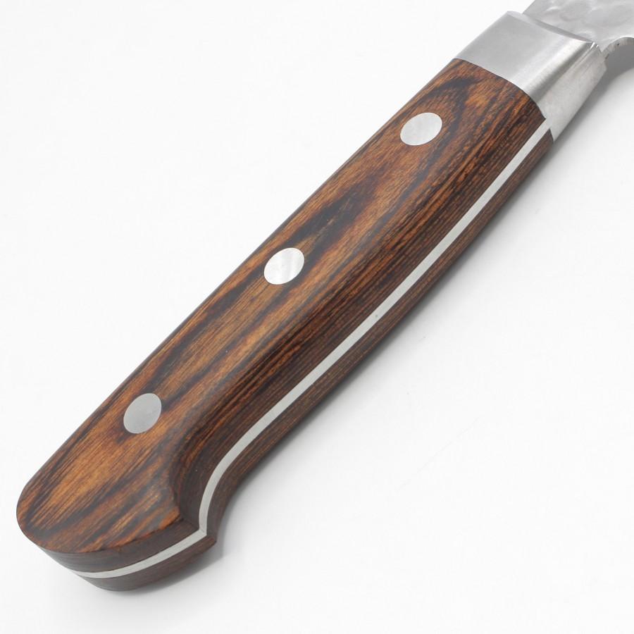 【美品】堺孝行 V金10号 17層ダマスカス鋼 筋引包丁 八寸 槌目 鍔付柄 刃渡り約240mm 洋包丁 |  | 02