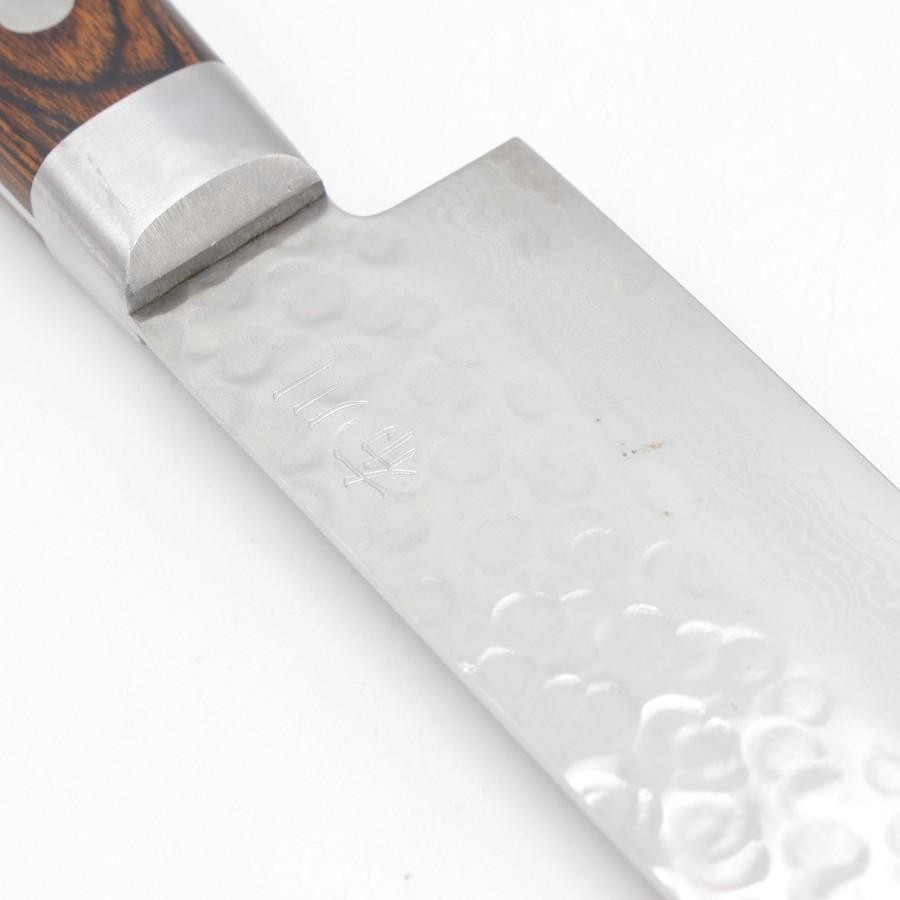 【美品】堺孝行 V金10号 17層ダマスカス鋼 筋引包丁 八寸 槌目 鍔付柄 刃渡り約240mm 洋包丁 |  | 07