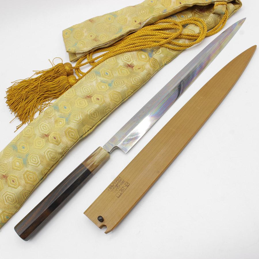 未使用】子の日 初代晴間長幸 河豚引き包丁 本焼 一尺 黒檀柄 鏡面