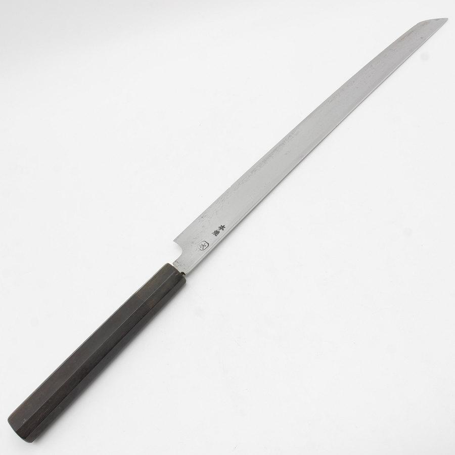 子の日 先丸蛸引包丁 水本焼 尺一 八角黒檀柄 水鏡研 波紋あり 刃渡り