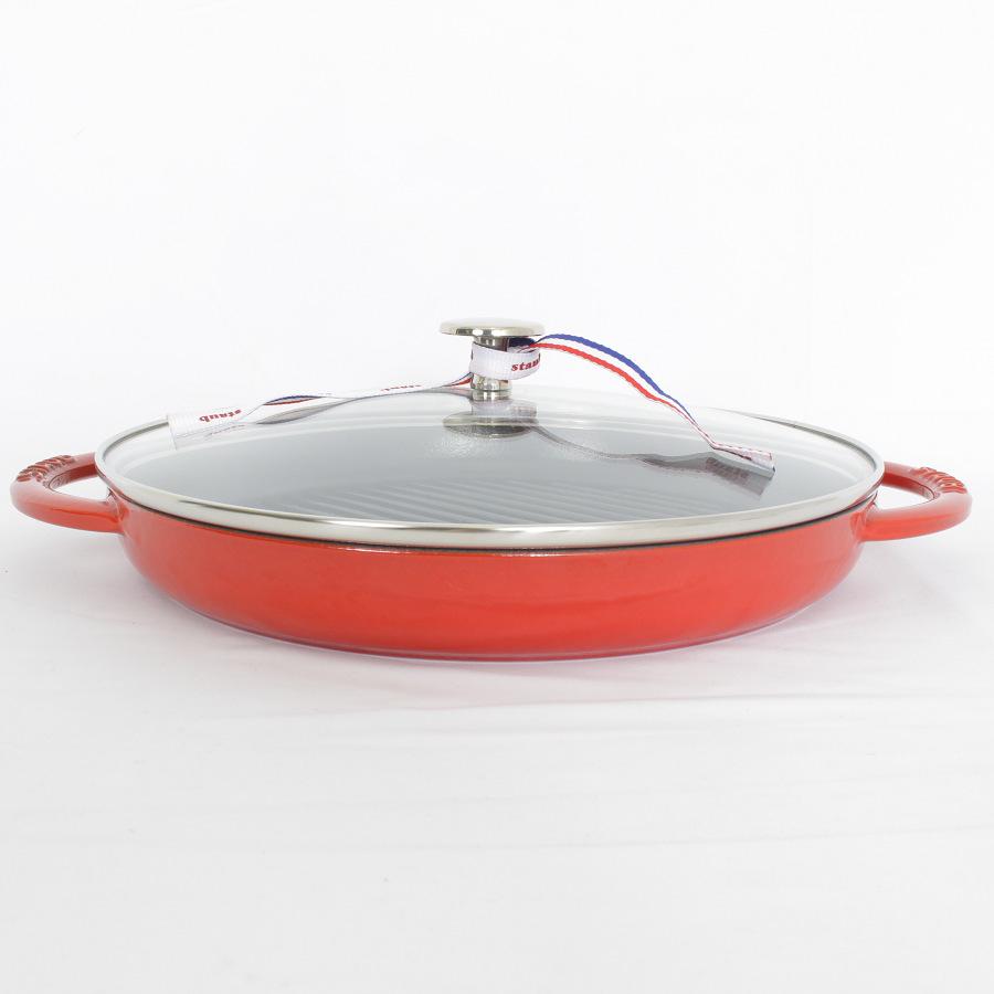 ストウブ26cm赤い鋳鉄グリルパン ガラス蓋付き 【公式通販】