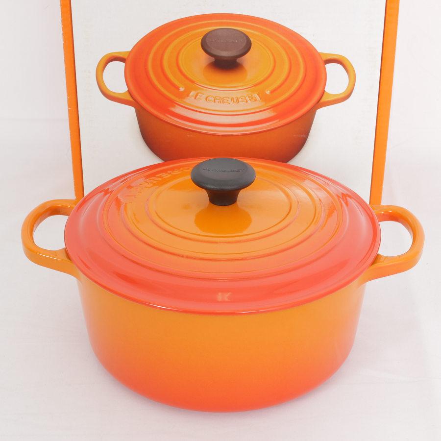 美品】LE CREUSETココット ロンド オレンジ22cm