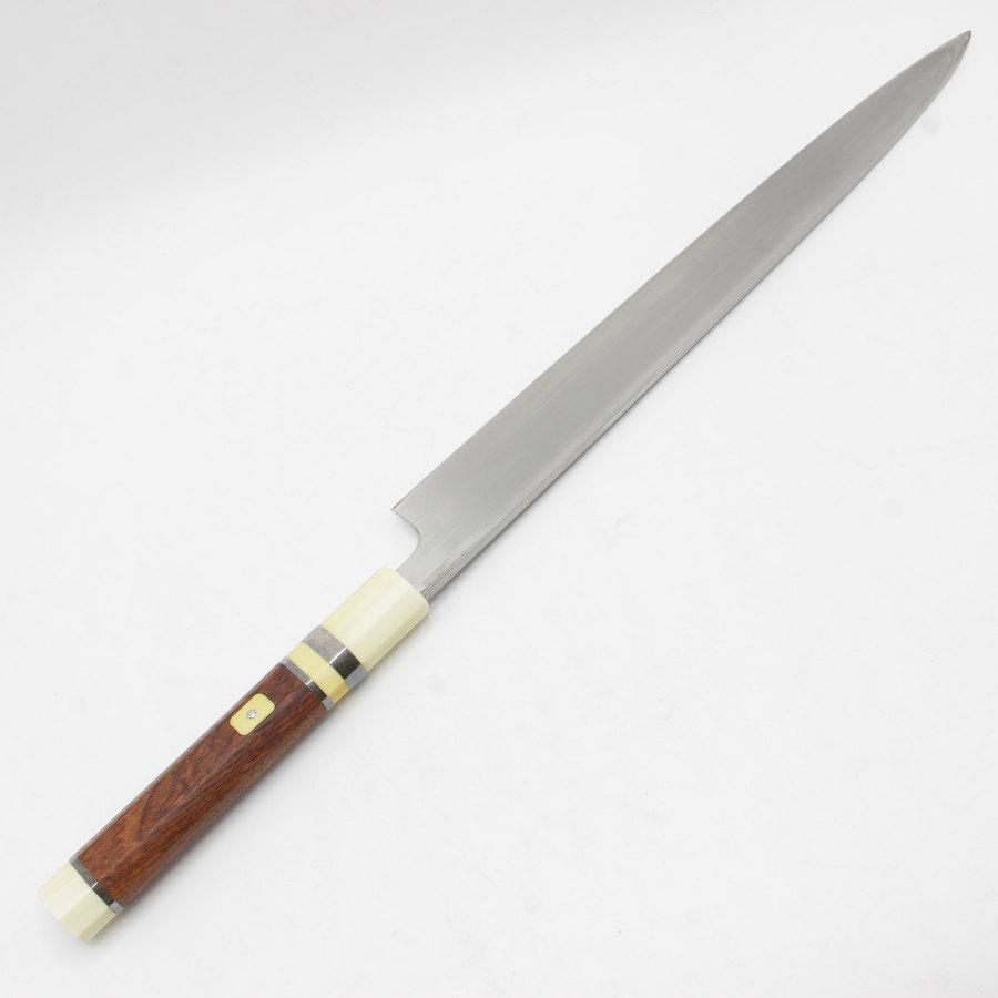 特注 水焼 富士波紋 満月 柳包丁 尺一 鏡面 銀巻柄 目釘留 八角 特注 水焼 富士波紋 満月 柳包丁 尺一 鏡面 銀巻柄 目釘留 八角