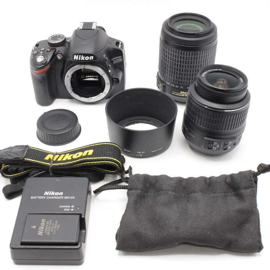 【ボーナスストア+5％】Nikon D3200 200mm ダブルズームキット ブラック デジタル一眼レフカメラ 18-55mm/55-200mm付属 D3200WZ200BK ニコン 本体 | 