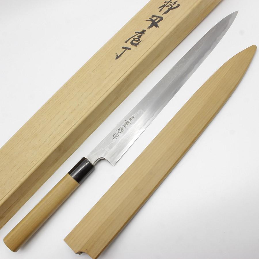 ボーナスストア+5％【未使用】重房 鍛地 ダマスカス 柳包丁 尺一 栗型柄 刃渡り約330mm 桐箱 鞘付 和包丁 柳刃 | 