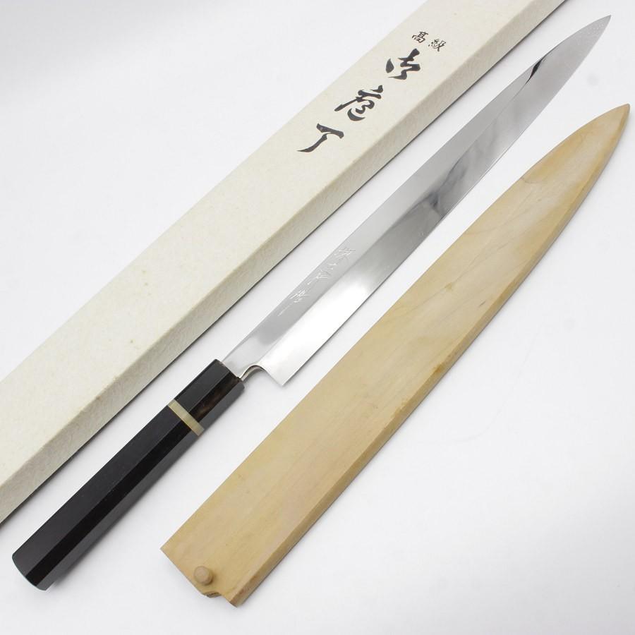 ボーナスストア+5％【美品】堺正行 池田辰男作 水本焼 波紋あり 白一鋼 柳包丁 鏡面 尺一 八角黒檀柄 朴鞘付 白紙1号 和包丁 水焼 柳刃 | 