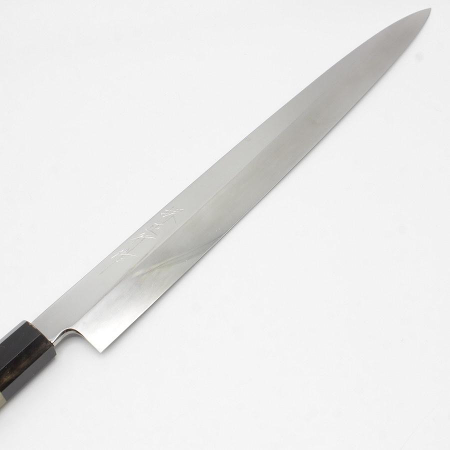 ボーナスストア+5％【美品】堺正行 池田辰男作 水本焼 波紋あり 白一鋼 柳包丁 鏡面 尺一 八角黒檀柄 朴鞘付 白紙1号 和包丁 水焼 柳刃 |  | 01