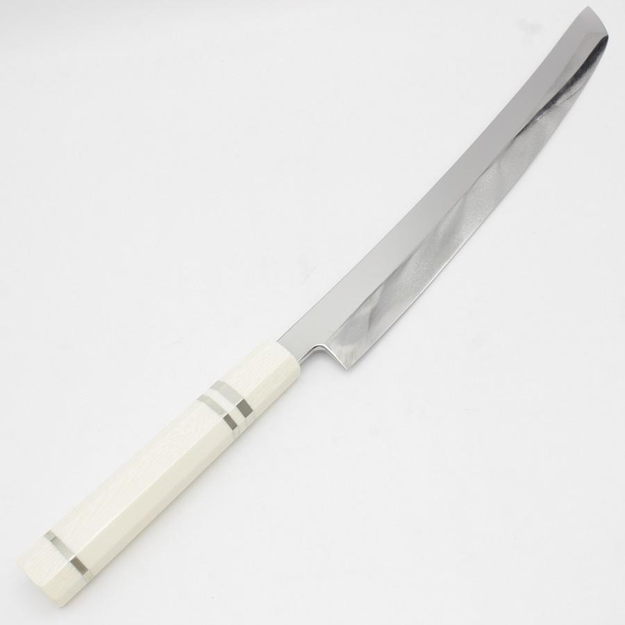 【ボーナスストア+5％】【美品】城山刃物 超鋼スーパー 本焼 反 剣型柳刃包丁 一尺 人工象牙 三本銀巻柄 全鏡面 刃渡り約310mm 和包丁 | 