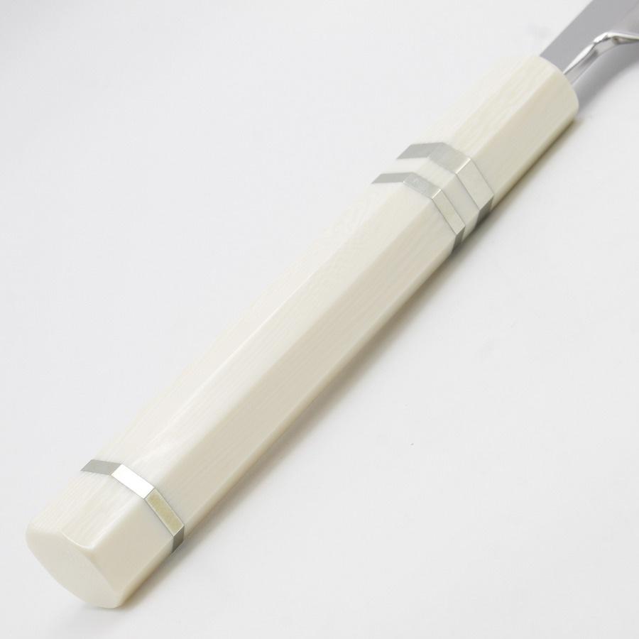 【ボーナスストア+5％】【美品】城山刃物 超鋼スーパー 本焼 反 剣型柳刃包丁 一尺 人工象牙 三本銀巻柄 全鏡面 刃渡り約310mm 和包丁 |  | 04