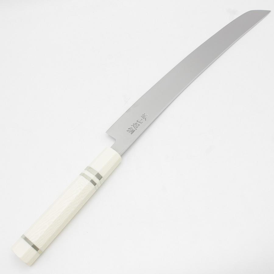 【ボーナスストア+5％】【美品】城山刃物 超鋼スーパー 本焼 反 剣型柳刃包丁 一尺 人工象牙 三本銀巻柄 全鏡面 刃渡り約310mm 和包丁 |  | 05