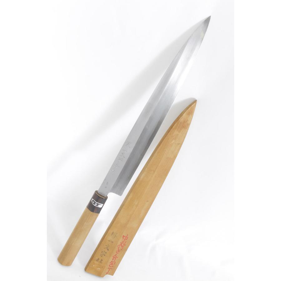 美品】堺一文字 吉光 柳包丁 一尺 栗型柄 鞘付 刃渡り約300mm 柳