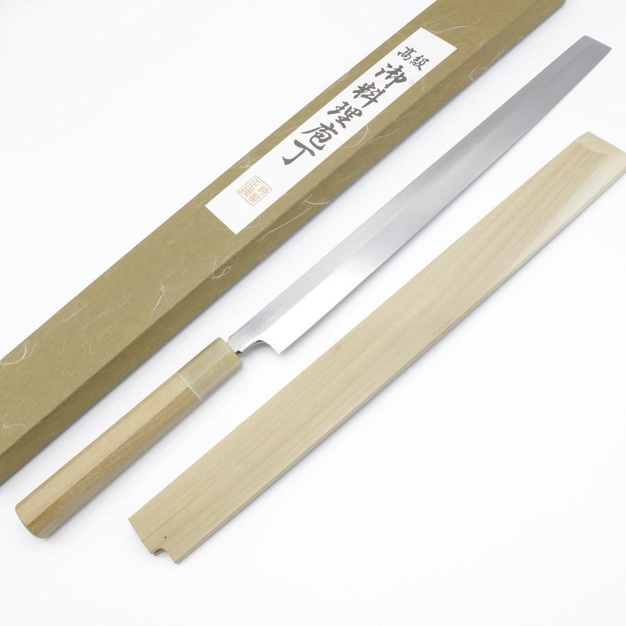 未使用品】高鳳正國 水本焼 蛸引き包丁 一尺 鏡面 白鞘付 八角柄