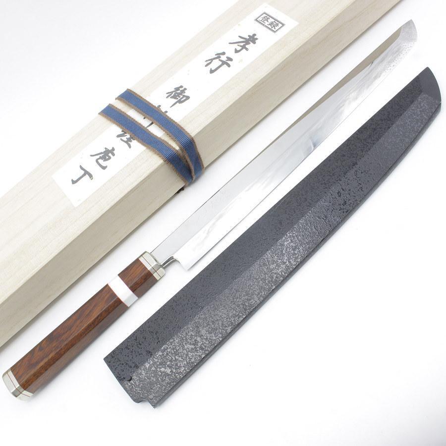 ボーナスストア+5％【未使用】堺孝行 為 紫電 先丸蛸引包丁 一尺 安来銀三鋼 鏡面仕上げ デザートアイアンウッド 刃渡り約300mm 和包丁 | 