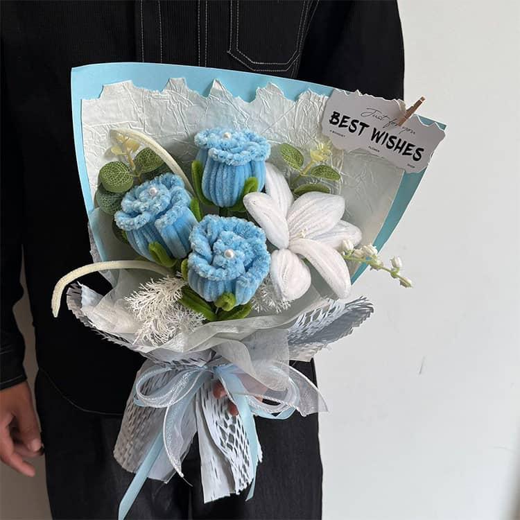 モールフラワー　爽やかブルーの花束とレモンスカッシュ袋2点 カラーモール キット 完成品 モールフラワー 花束 手芸 モールアート