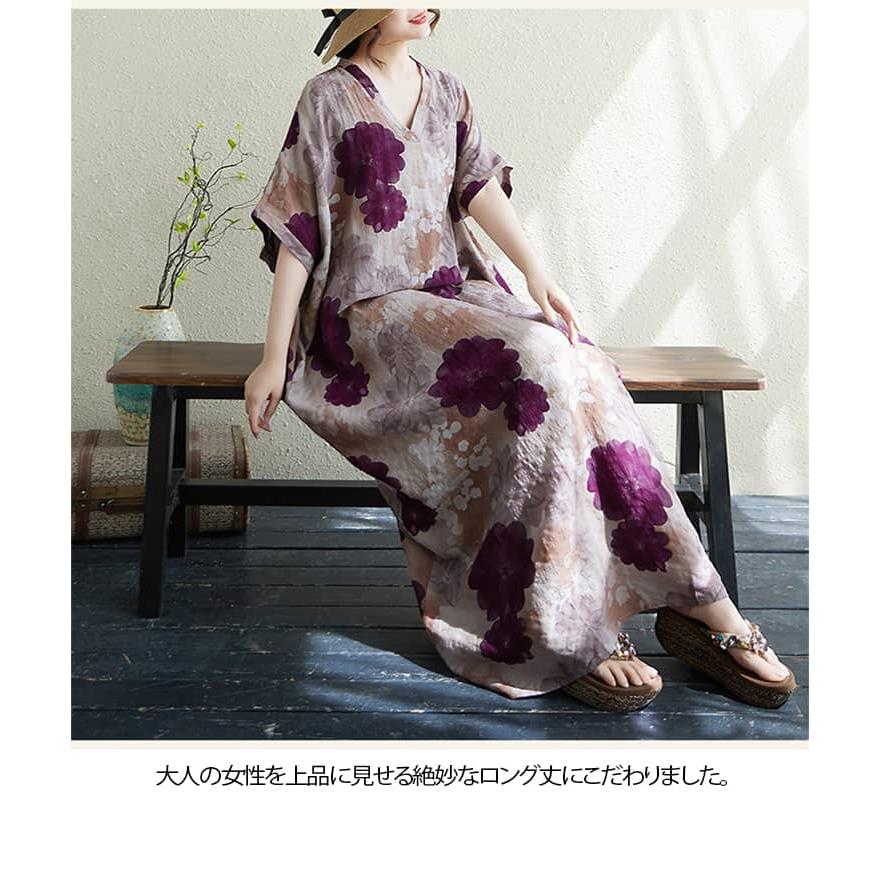 綿麻 ワンピ ロング 半袖 ゆったり フラワー柄 個性的 花柄 ロング