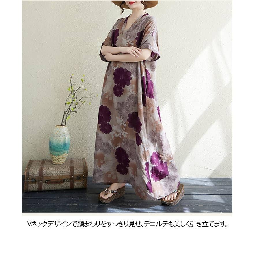 綿麻 ワンピ ロング 半袖 ゆったり フラワー柄 個性的 花柄 ロング