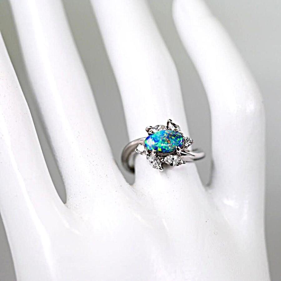 幻想的なネオンブルーの遊色 Pt ブラックオパール 1.20ct ダイヤモンド ボタニカルデザインリング 1点物 プラチナ 指輪 1.2カラットの画像