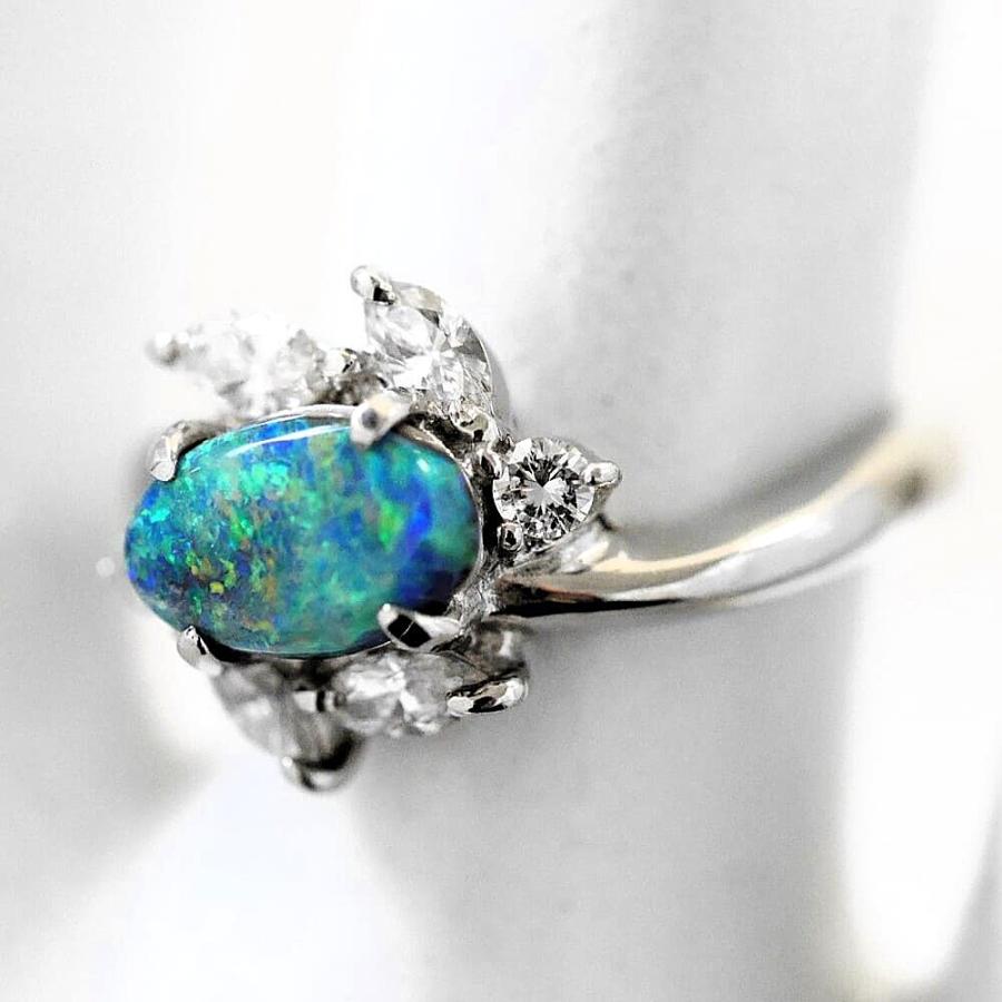 幻想的なネオンブルーの遊色 Pt ブラックオパール 1.20ct ダイヤモンド ボタニカルデザインリング 1点物 プラチナ 指輪 1.2カラットの画像