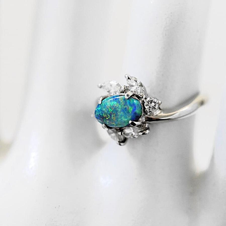 幻想的なネオンブルーの遊色 Pt ブラックオパール 1.20ct ダイヤモンド ボタニカルデザインリング 1点物 プラチナ 指輪 1.2カラットの画像