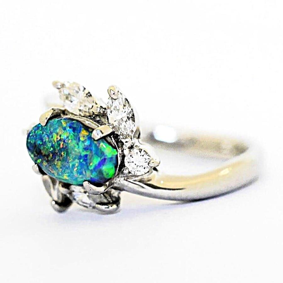 幻想的なネオンブルーの遊色 Pt ブラックオパール 1.20ct ダイヤモンド ボタニカルデザインリング 1点物 プラチナ 指輪 1.2カラットの画像