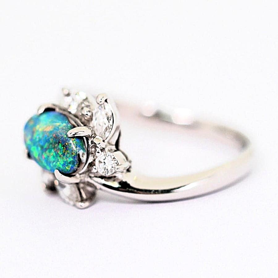 幻想的なネオンブルーの遊色 Pt ブラックオパール 1.20ct ダイヤモンド ボタニカルデザインリング 1点物 プラチナ 指輪 1.2カラットの画像
