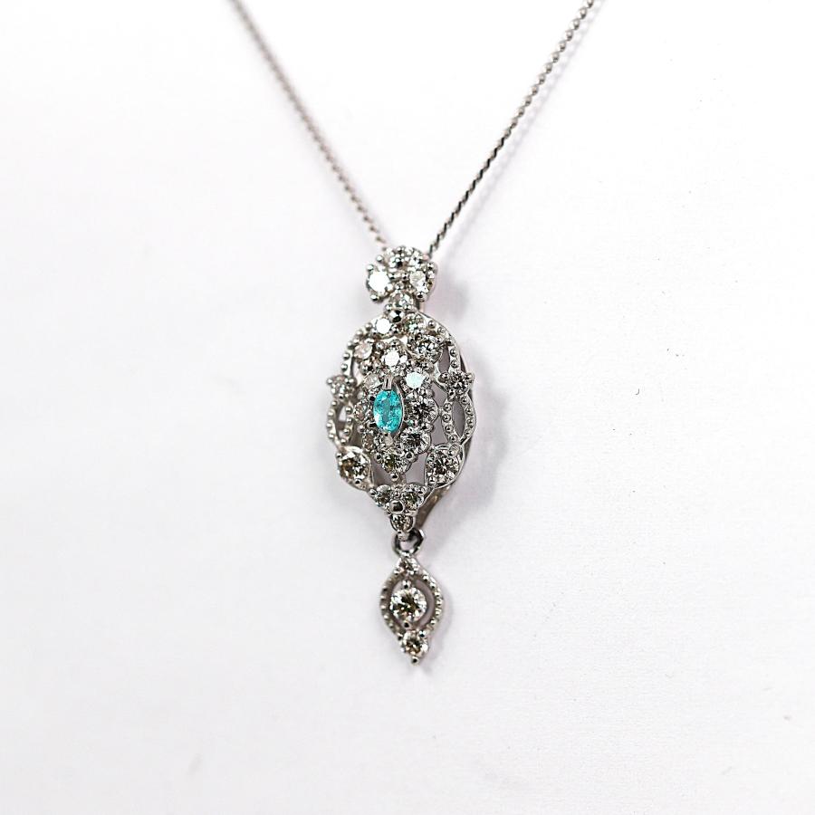 【希少石】Pt950/Pt850 パライバトルマリン 0.03ct ダイヤモンド 0.50ct ペンダントネックレス ネオンブルー 揺れるドロップデザイン ミル打ち 鑑別カード付の画像