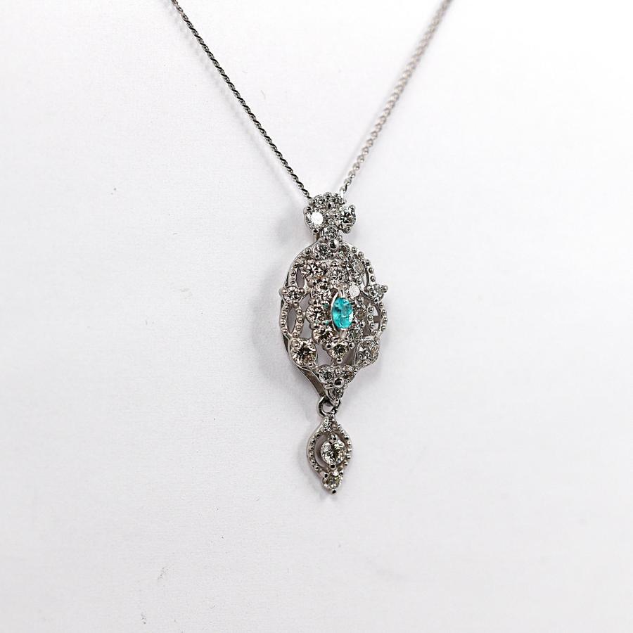 【希少石】Pt950/Pt850 パライバトルマリン 0.03ct ダイヤモンド 0.50ct ペンダントネックレス ネオンブルー 揺れるドロップデザイン ミル打ち 鑑別カード付の画像