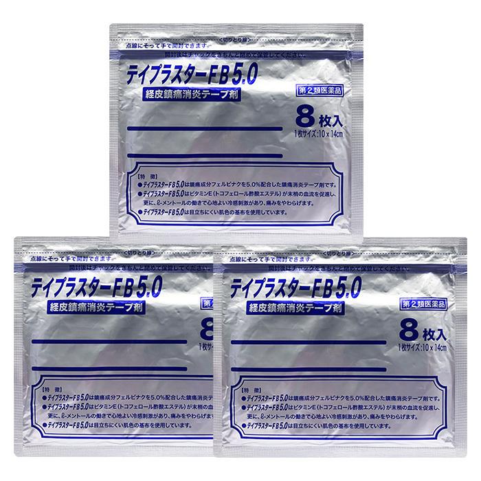 3点セット【第2類医薬品】テイプラスターFB5.0【大判】(1袋8枚入り)｜ 腰痛 筋肉痛 経皮鎮痛消炎テープ剤 湿布 肩こり モーラステープ 整骨院 シップ 肌色タイプ | 