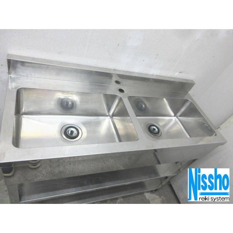 □中古 ステンレス2槽シンク・中棚付き・1200×500×895/985(mm)・厨房 