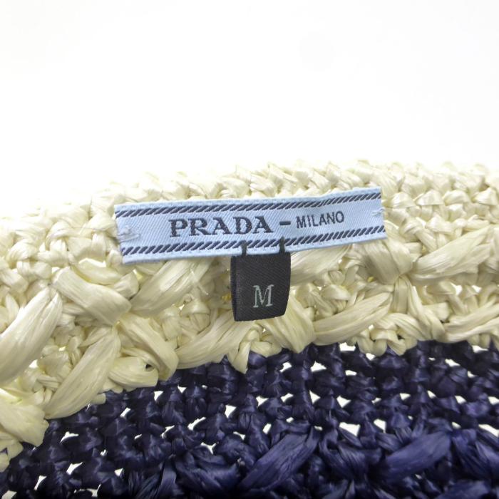 プラダ （PRADA） ラフィア ビコローレ バケット ハット ストロー 麦わら 帽子 Mサイズ 1H0609 ネイビー×アイボリー（新品）の画像