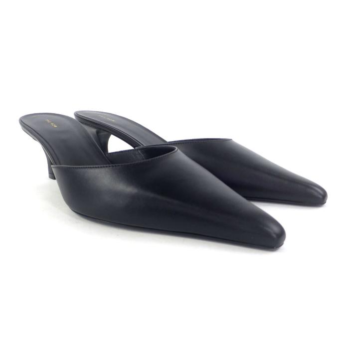 ザ・ロウ （The Row） ポインテッドトゥ レザー ミュール キトゥンヒール サンダル シューズ 靴  F1428 ＃37 ブラック（新品）の画像