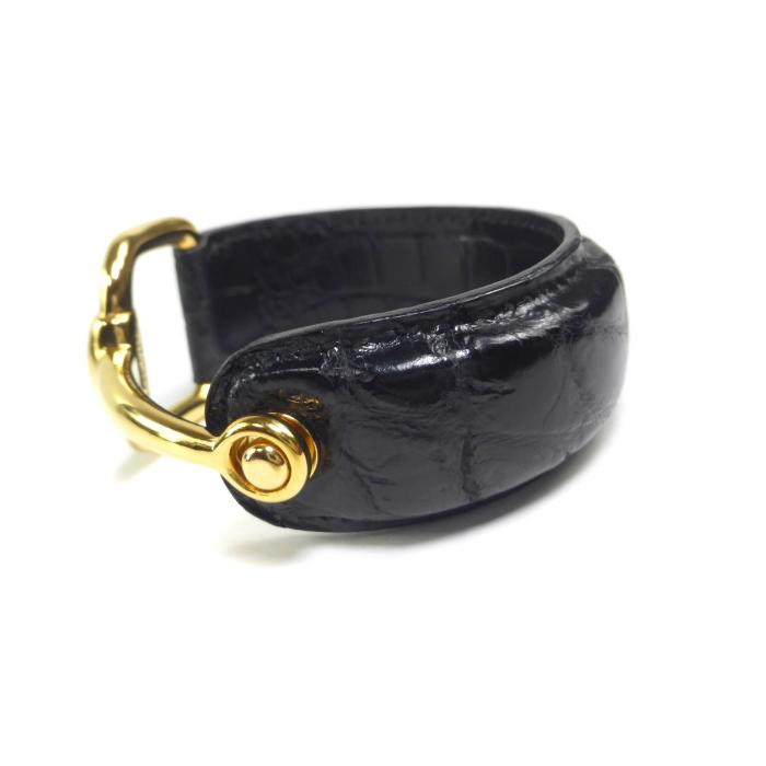 GUCCIグッチ ホースビット レザーバングル レザーブレス ブラック×ゴールド GUCCI（グッチ） ホースビット クロコ型押し レザー×GP バングル