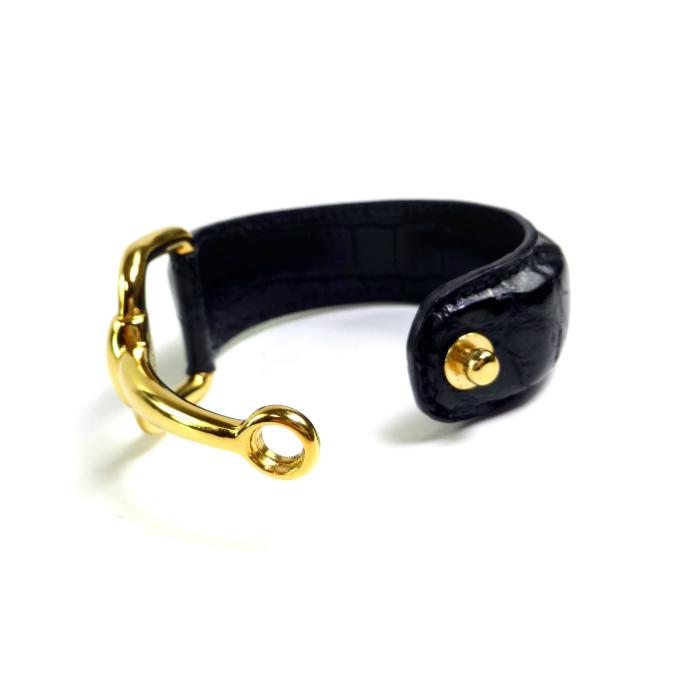 GUCCIグッチ ホースビット レザーバングル レザーブレス ブラック×ゴールド GUCCI（グッチ） ホースビット クロコ型押し レザー×GP バングル