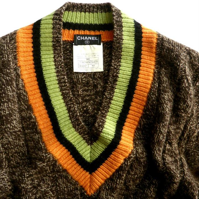 シャネル （CHANEL）カシミア ケーブル Vネック ニットセーター 96A ヴィンテージ 40 ブラウン PO8760 ウェア（中古）の画像