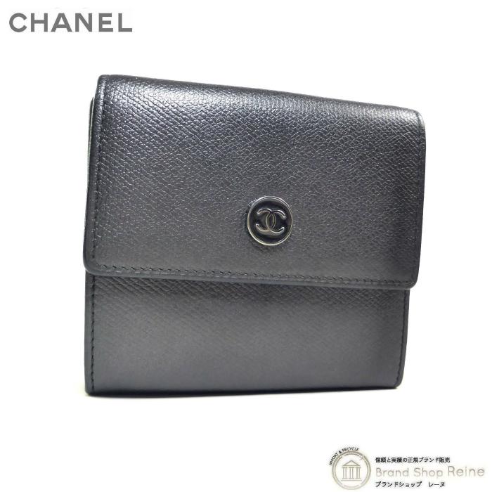 シャネル 三つ折り 折財布 Wホック ココボタン ゴールド金具 黒 レザー CHANEL（シャネル） ココボタン Wホック 三つ折り コンパクト 財布