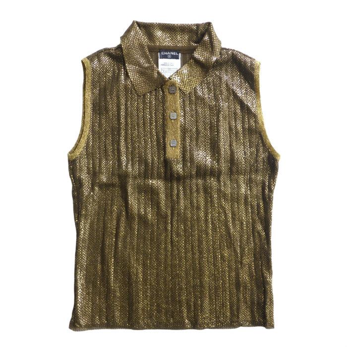 CHANEL ノースリーブ ニット ポロシャツ ブラウン CHANEL（シャネル） ノースリーブ ニットポロ プリント 01C #36 カーキ