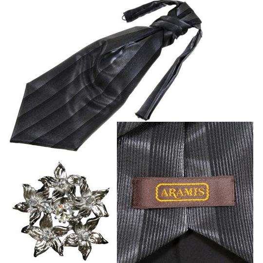 ARAMIS アスコットタイ グレー ストライプ ブローチ付 ユーロタイ