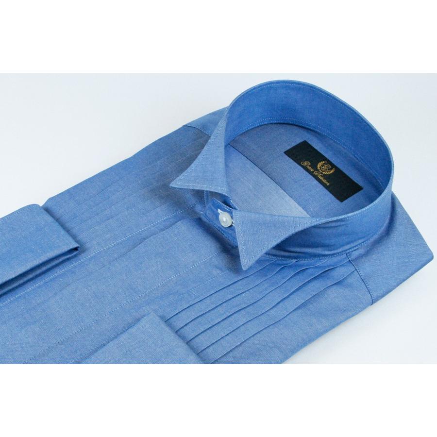 国産品 ウィングカラーシャツ メンズ プリーツ ピンタック 青 ブルー 紳士 男性用 綿100