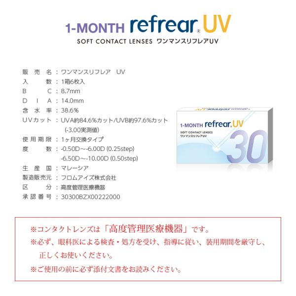 コンタクトレンズ ワンマンス リフレア UV 1-MONTH Refrear UV 6枚入り 4箱 1ヶ月交換 1month マンスリー 終日装用 近視用 ネコポス発送｜reiwacontact｜02