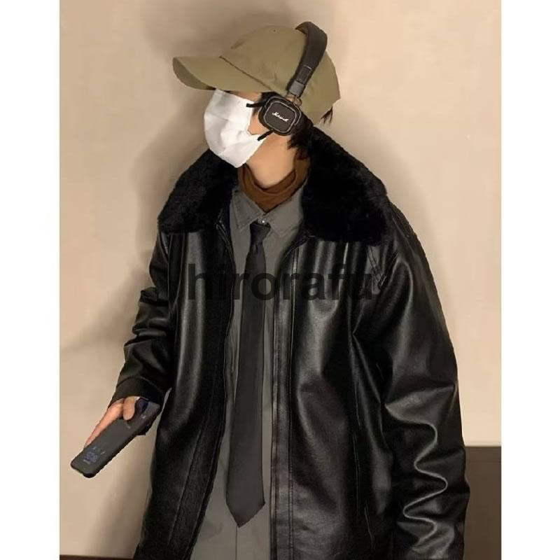 韓国 ファッション PUレザー 襟ファージャケット フェイクレザー 韓国 ファッション PUレザー 襟ファージャケット フェイクレザー