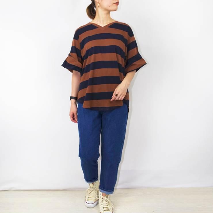 Tシャツ レディース ファッション 代 30代 40代 春 夏 トップス ボーダー カジュアル Vネック 体形カバー ゆったり 半袖 ボリューム袖 プチプラ Anlulu 通販 Yahoo ショッピング
