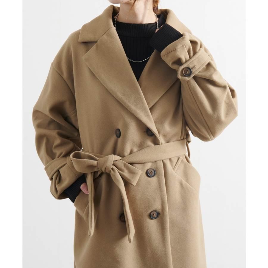 ロングコート レディース ベルト付き ダブルボタン ウールライク
