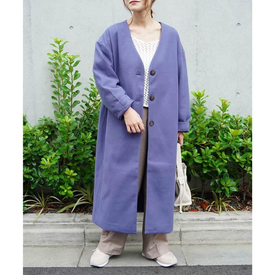 冬服　ロングコート ノーカラー コート レディース ウールライク メルトン 秋 冬 : anlulu