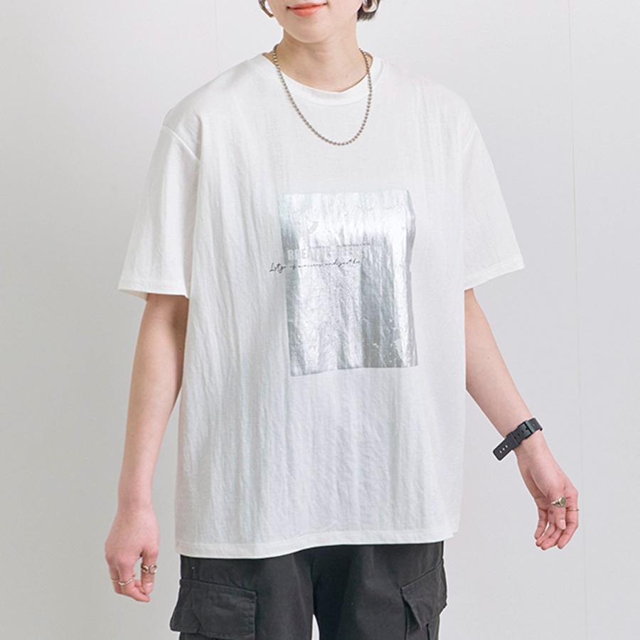 ◆EPOCA【今季新品】27500円 Tシャツ白 英字 40 箔プリント26SS Tシャツ レディース 半袖 春 夏 接触冷感 カノコ 箔プリント 大人 体型