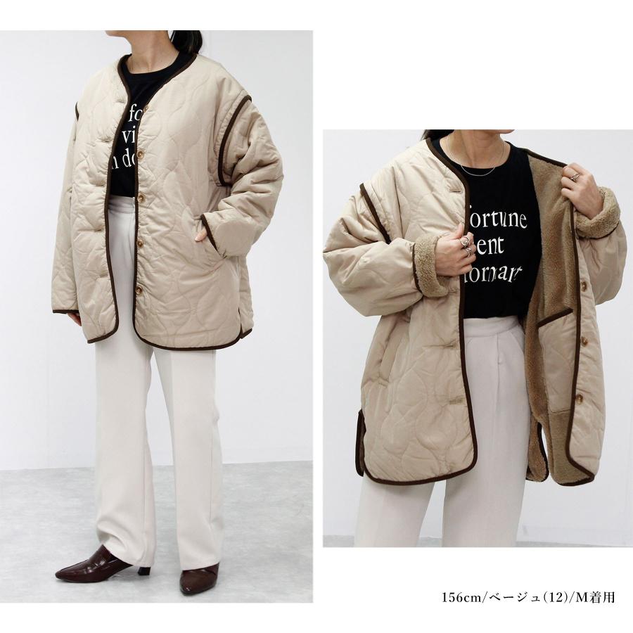 ベージュ キルティングジャケット ファー付き ファー ブルゾン キルティング レディース 秋 冬 つけ袖 3way : anlulu