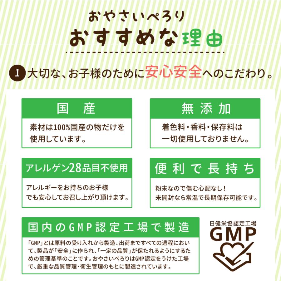 おやさいぺろり＋乳酸菌 野菜 粉末 パウダー 離乳食 偏食 野菜不足 野菜嫌い子ども やさい 5ヶ月 7ヶ月 9ヶ月 12ヶ月 1歳 1歳半 2歳 初期 中期 後期｜relieflife｜11